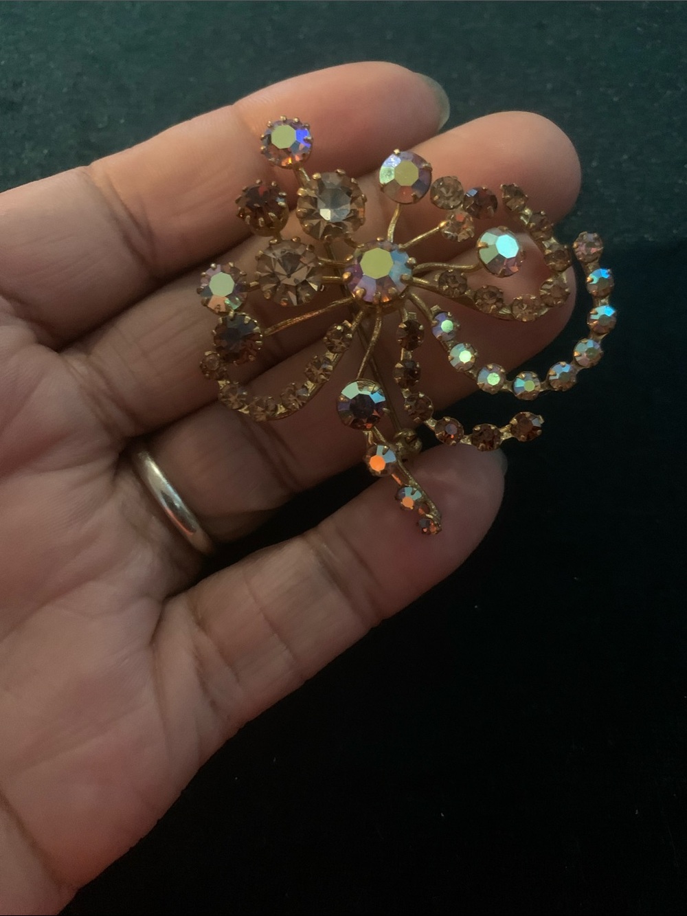 Vintage Aurora Borealis Crystal Flower Brooch - Gold Tone with Iridescent Stones